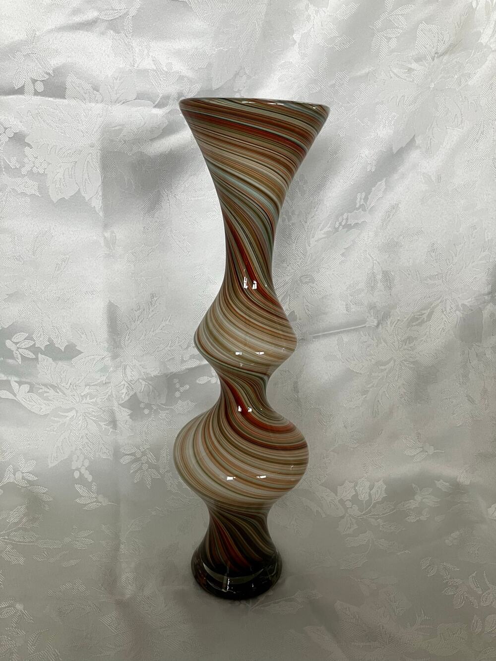 Vintage Hand Blown Art Glass Trumpet Vase 16" Multicolor Swirl White Cased China